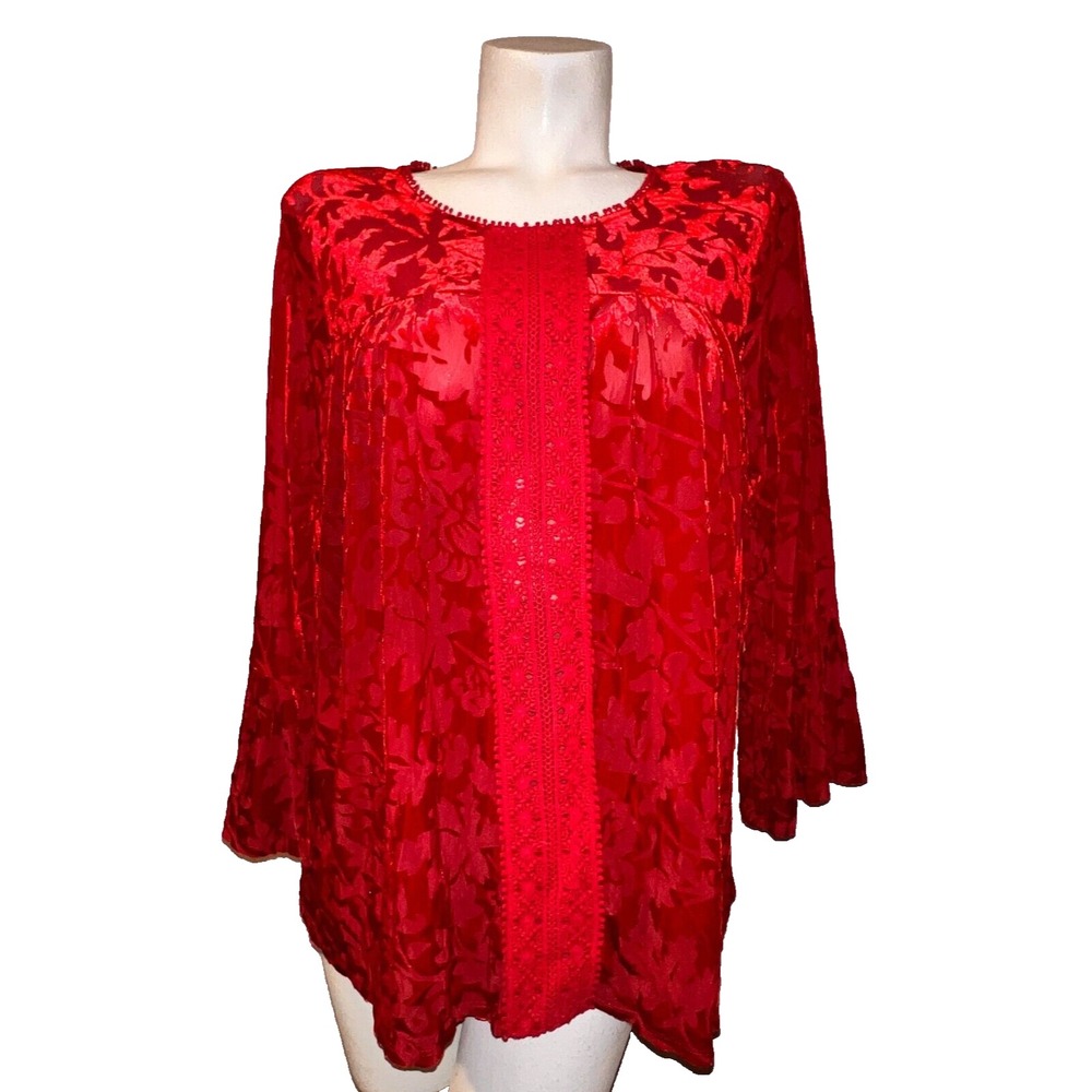 John Paul‎ Richard Red Burnout Velvet Bell Sleeve Blouse Crochet Lace Size Large